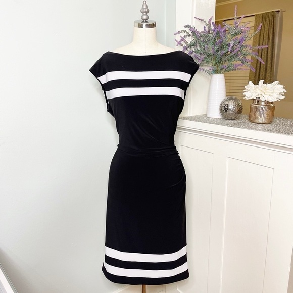 Ralph Lauren Black Striped Ruched Sheath Dress 14 Large - Picture 2 of 9